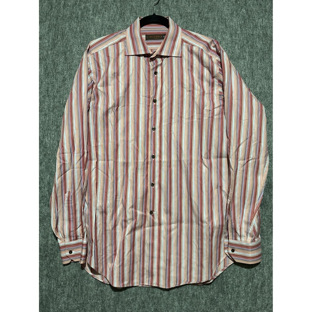 Etro Milano Mens Multicolor Striped Button Down Shirt Made in Italy Size 42